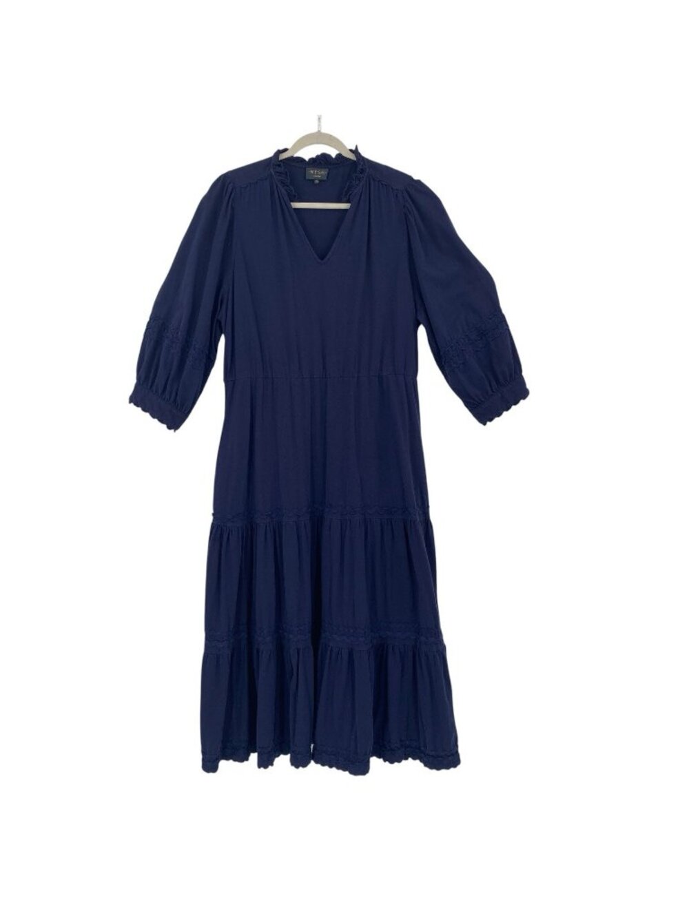 WYSE London Women’s 6R Cotton Midi Dress V Neck Tiered Navy Blue Accent Trim